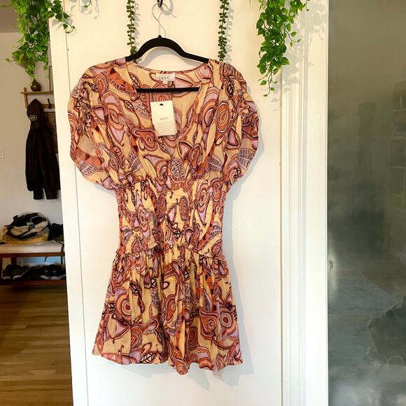 NWT A.L.C. Luna Mini Dress Smocked Ruched Ruffle ALC V-Neck Paisley Print sz S 4 - Picture 2 of 15